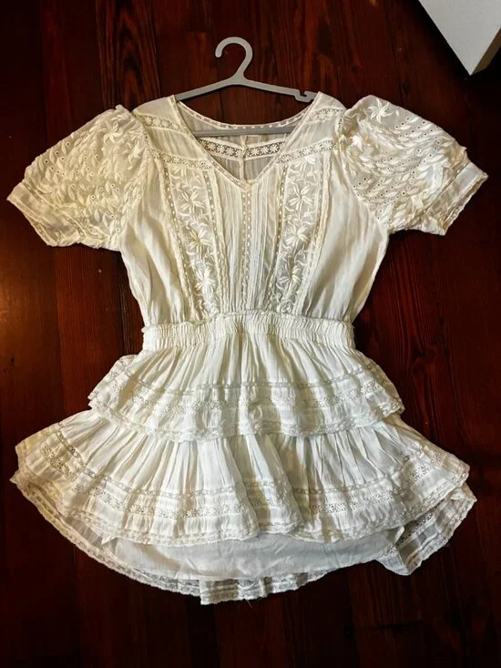 LoveShackFancy White Cotton Eyelet Embroidered Tiered Mini Dress – Lace Inset, - Picture 3 of 10